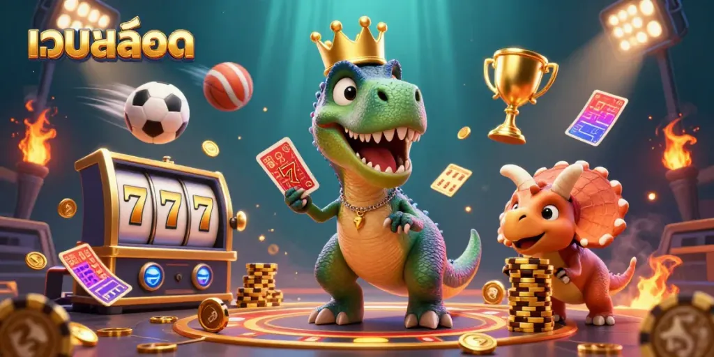 Engage with เว็บสล็อต as a friendly T-Rex shuffles cards while a pterodactyl assists, set in a dynamic casino scene.