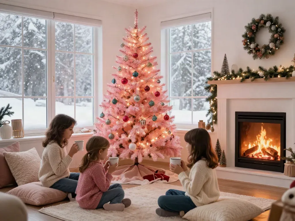 A charming small pink Christmas tree sparkling with lights and ornaments in a cozy living room.