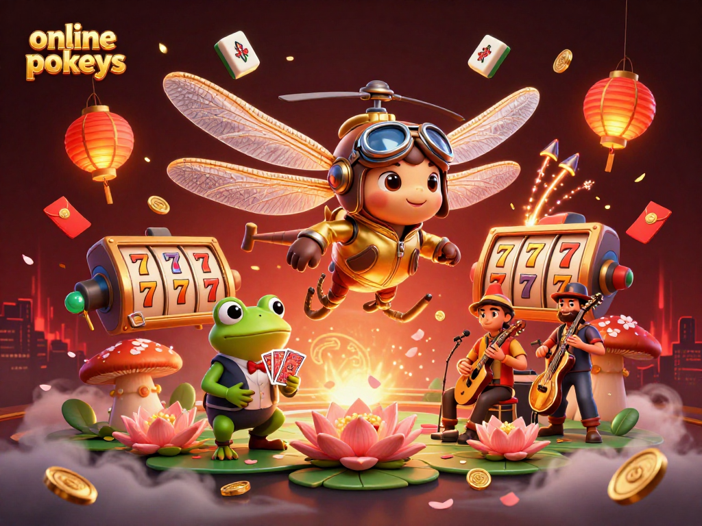 play online pokies in a vibrant casino scene featuring dragonfly pilot and frog croupier