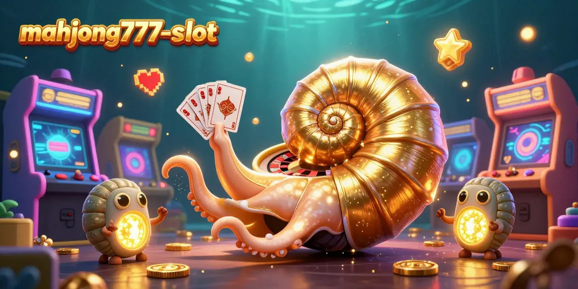 Engage with mahjong777-slot in this vibrant, action-packed 3D illustration featuring a giant nautilus as a roulette wheel, cards, and arcade games.