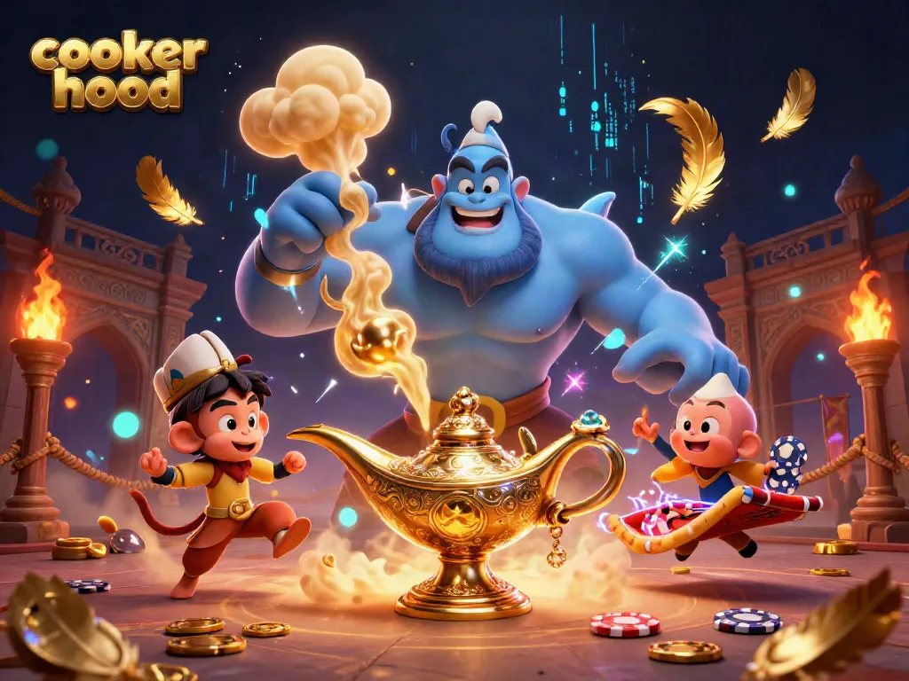 Experience a thrilling cooker hood adventure with a genie, monkey, and poker chips in dynamic casino action.