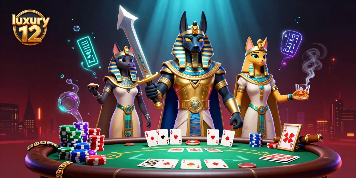 Experience the thrill of luxury 12 gaming at a vibrant poker table with Anubis and Bastet.