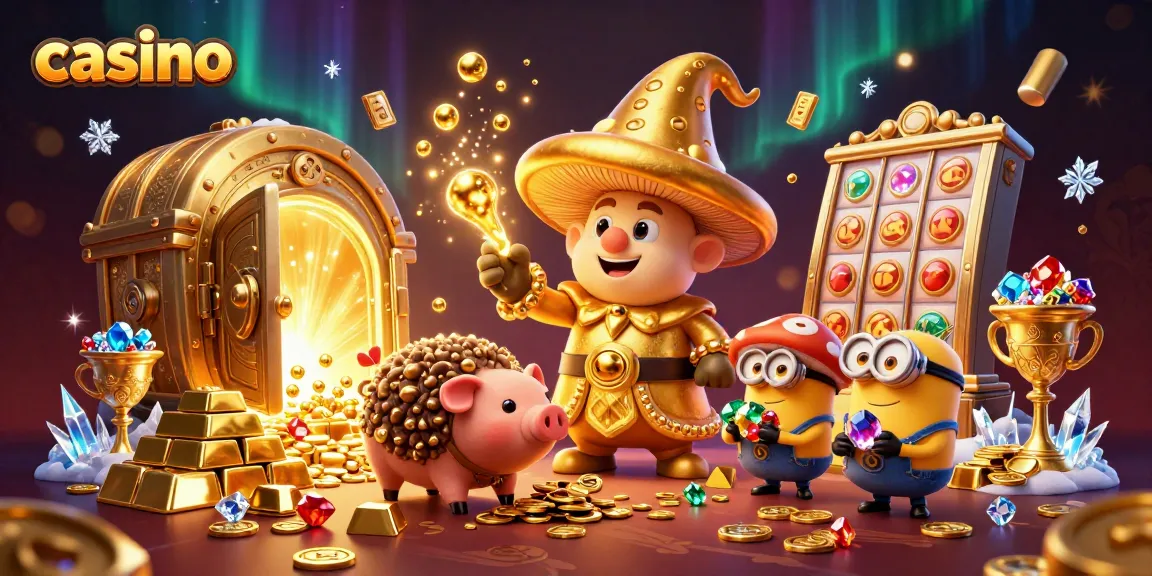 Casino scene featuring a wizard, truffle pig, and gemstone-carrying minions amid treasure and slot symbols.