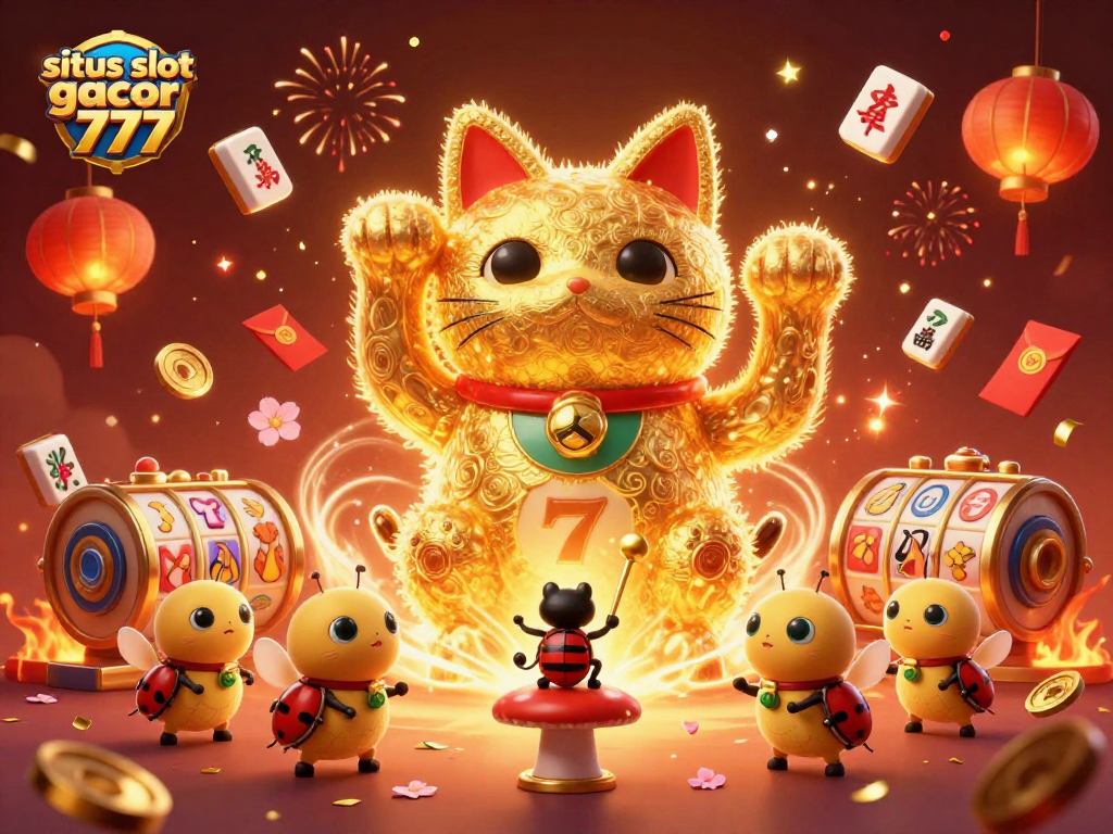 situs slot gacor 777 brings dynamic excitement with a vibrant scene of lucky cats and slot symbols.