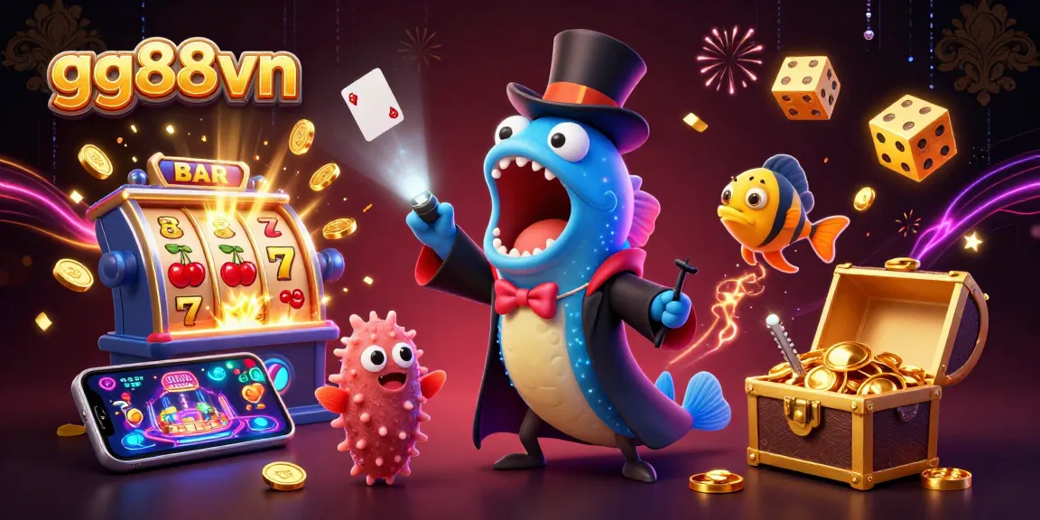 Join the fun with gg88vn's vibrant underwater casino illustration showcasing card tricks and jackpot excitement.