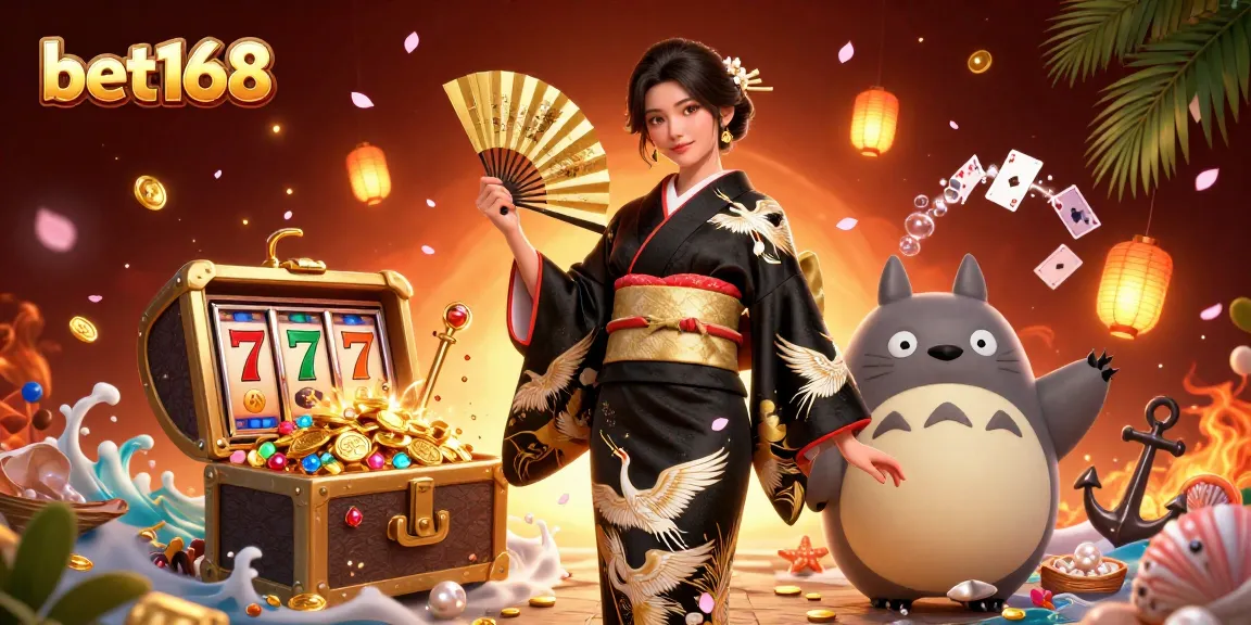 Experience thrilling gameplay with bet168 featuring a glamorous Asian woman and a wise tanuki in a dynamic casino scene.