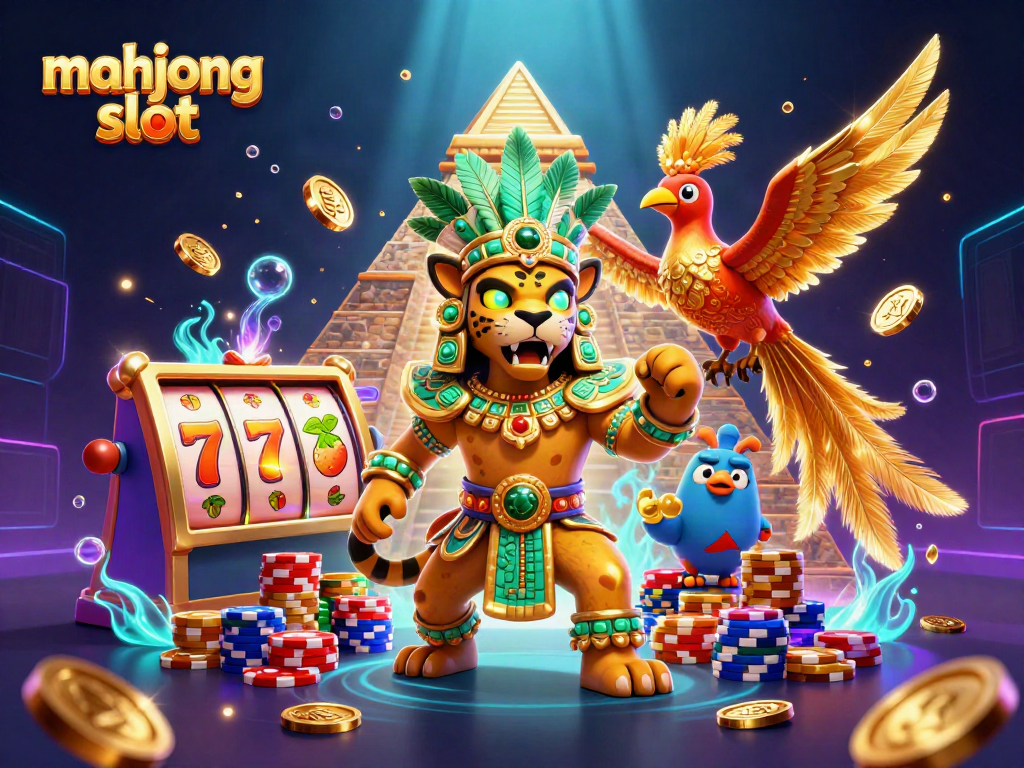 Spin the mahjong slot reels while enjoying a vibrant casino scene featuring Mayan elements.