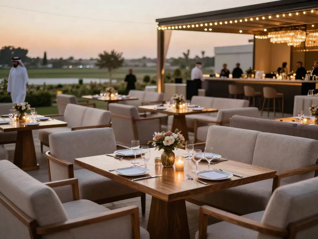 Event furniture rental setup showcasing elegant lounge furniture and tables for a corporate event in Saudi Arabia.