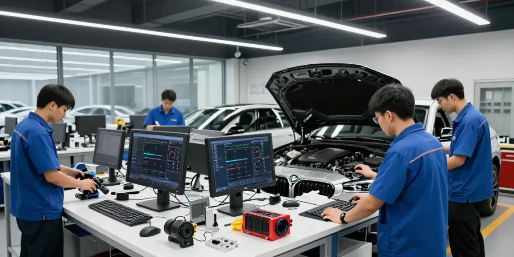 bmw werkstatt hannover showcasing technicians working on vehicles in a modern repair facility