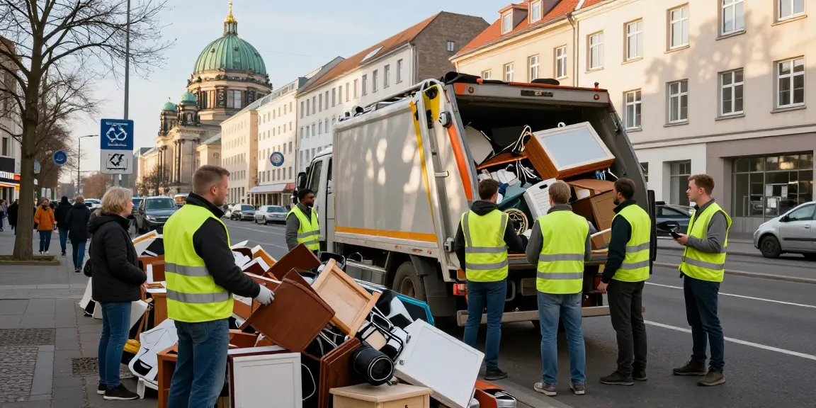 Sperrmüllabholung 80 Euro Berlin services in action, professional waste collectors engaging with customers and handling bulky items.