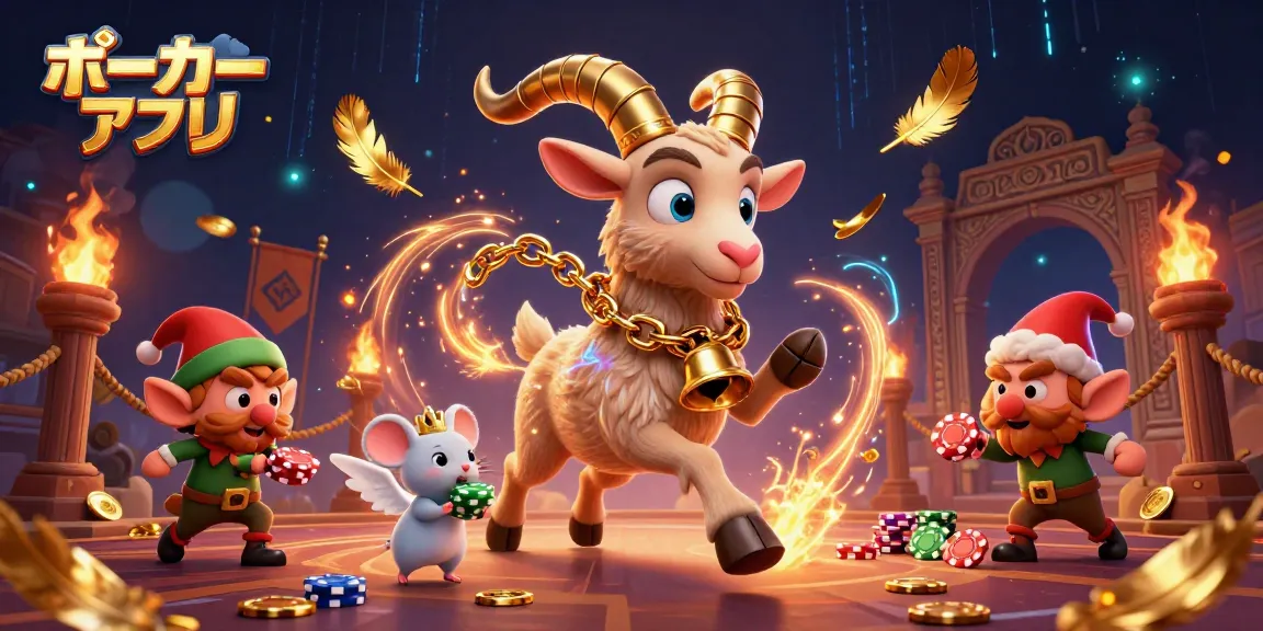 ポーカーアプリを楽しむシーン、ダイナミックなキャラクターたちが賑わうカジノの雰囲気。