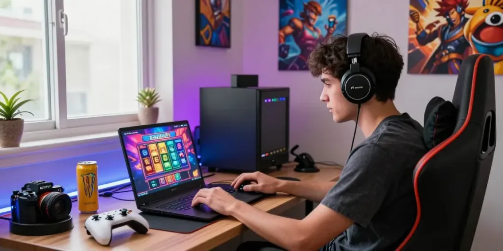 Engaging gamer enjoying slot server Thailand on a laptop in a vibrant gaming setup.