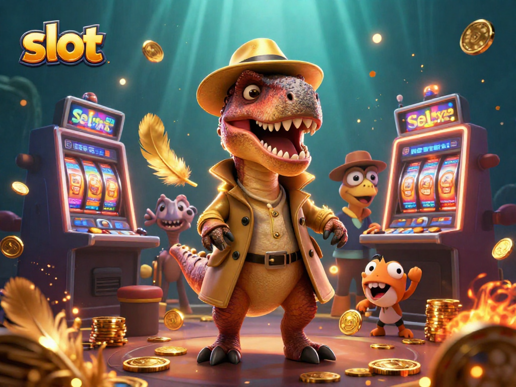 Engaging slot scene with a velociraptor at a slot machine, designed for gaming enthusiasts
