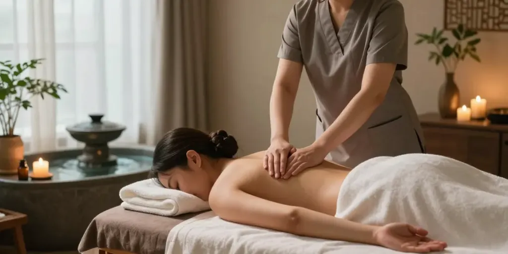 Rejuvenating 일산출장안마 session in a tranquil home spa setting with a professional massage therapist.