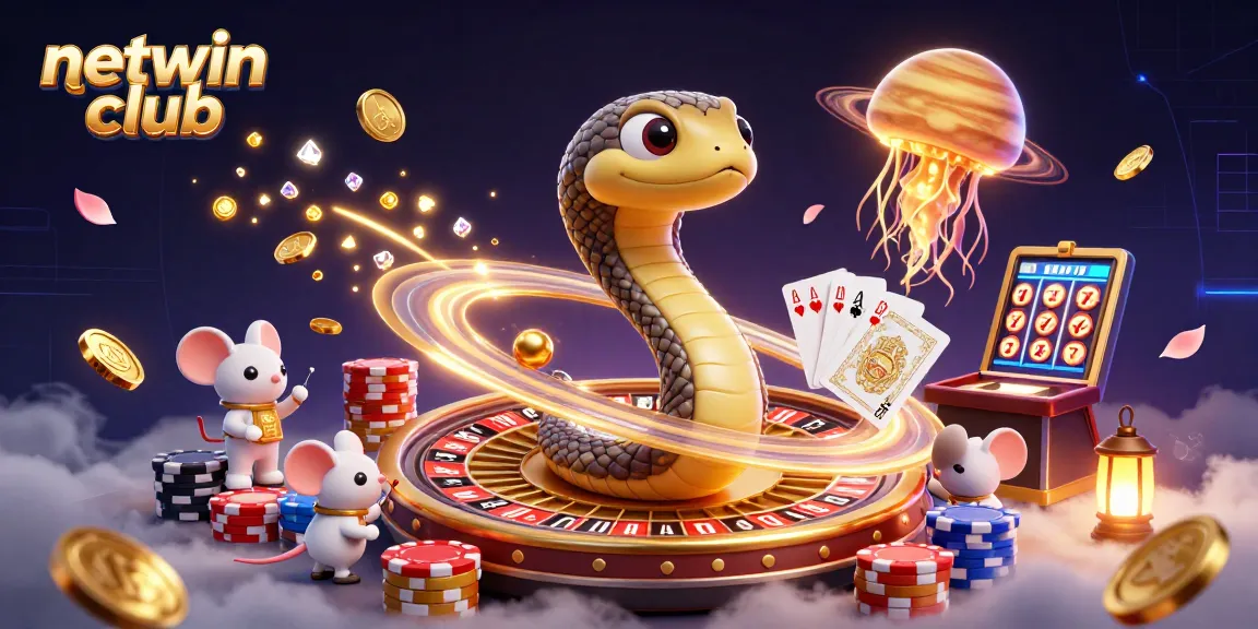Engage with netwin club's dynamic gaming universe featuring an exciting illustration of casino elements.