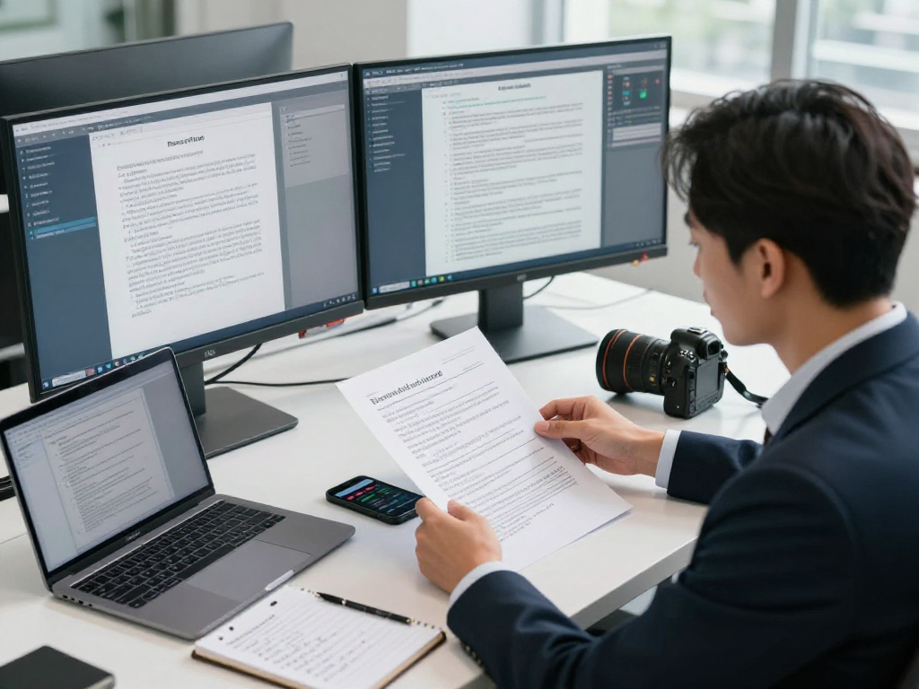 Professional workspace engaged in document fraud detection analysis with advanced software tools.