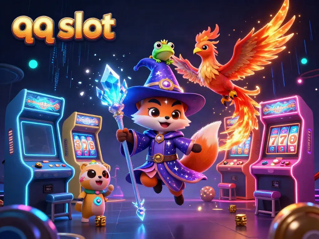 Experience thrilling gameplay with qq slot, featuring a wizard fox and vibrant slot machines in a magical scene.