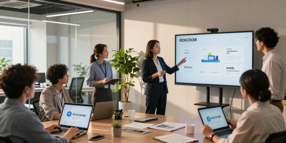 Diverse professionals evaluating ROKOK88 business solutions in a modern office environment, showcasing collaboration and innovation.