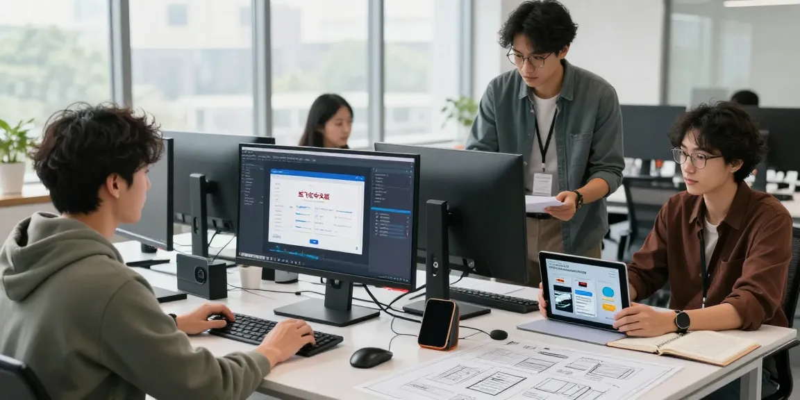 Dynamic tech workspace showcasing collaboration on 纸飞机中文版 app development with professionals in action.