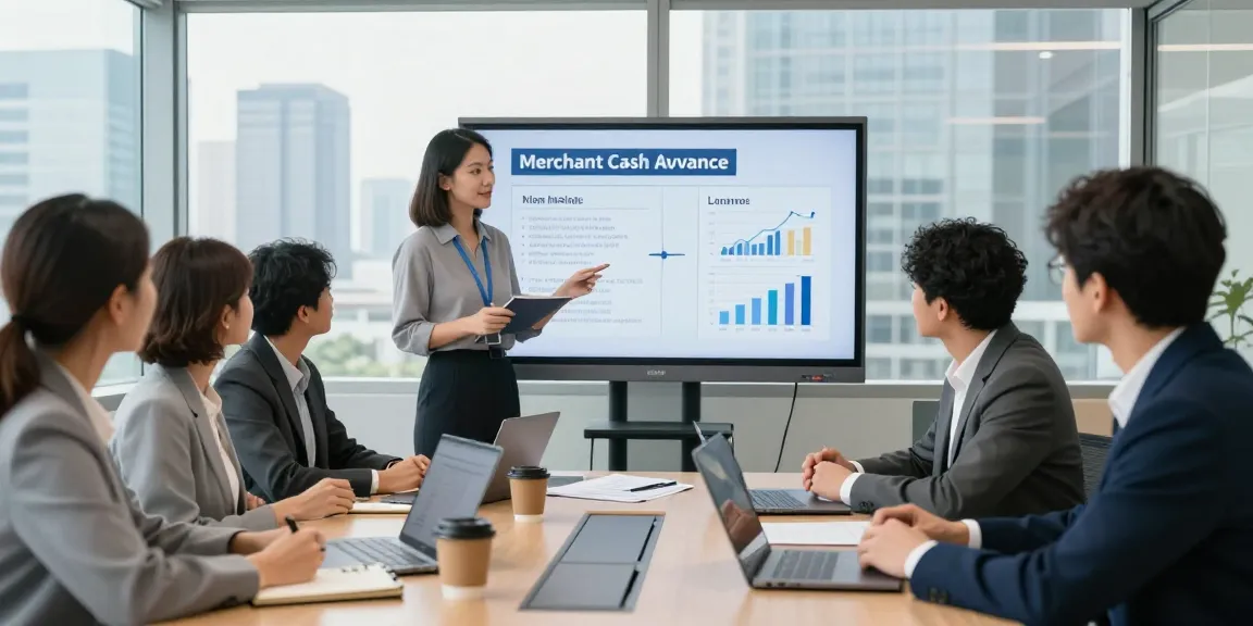 Team comparing merchant cash advance vs loan in a modern office meeting.