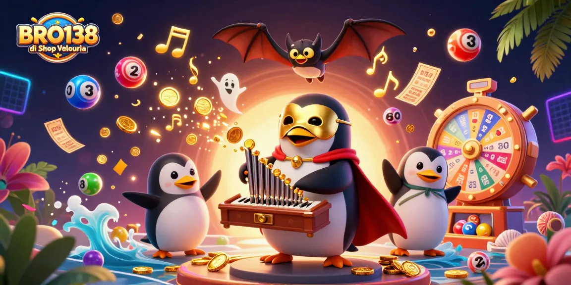 BRO138 di Shop Velouria showcases a vibrant casino scene with a penguin organist and engaging gaming elements.