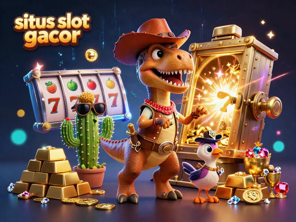 Permainan slot gacor menampilkan dinosaur T-Rex dan teman-temannya merayakan keberuntungan dengan harta berkilauan.