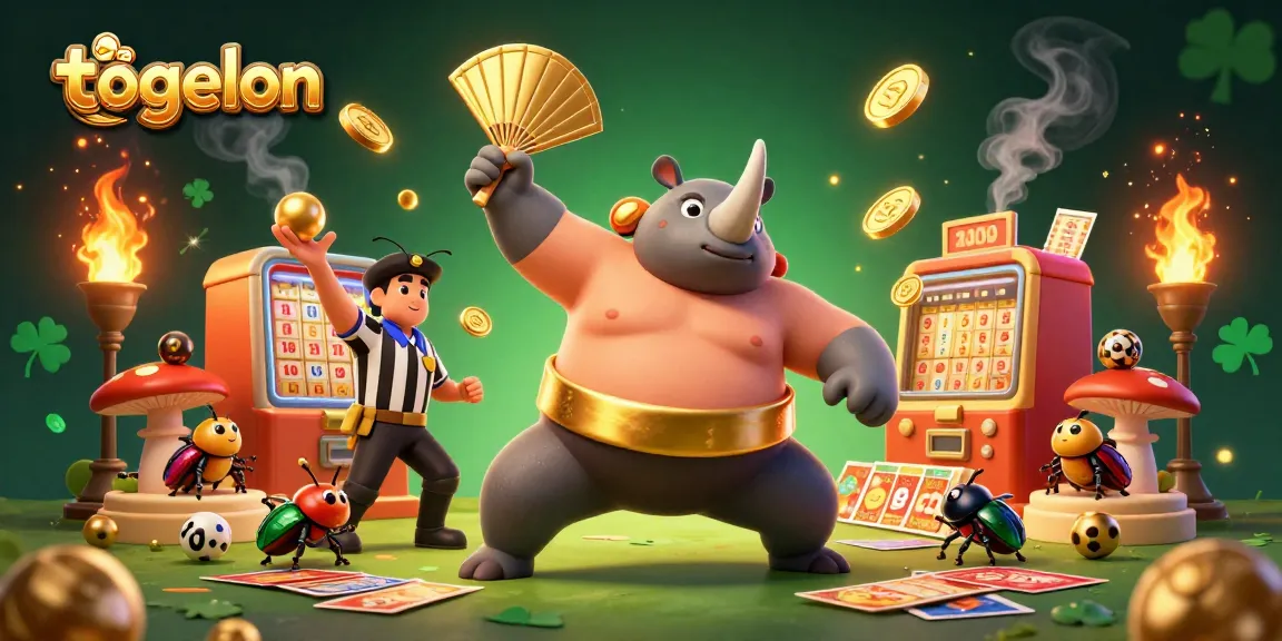 togelon betting tips showcase with rhinoceros beetle champion and dynamic lottery elements.