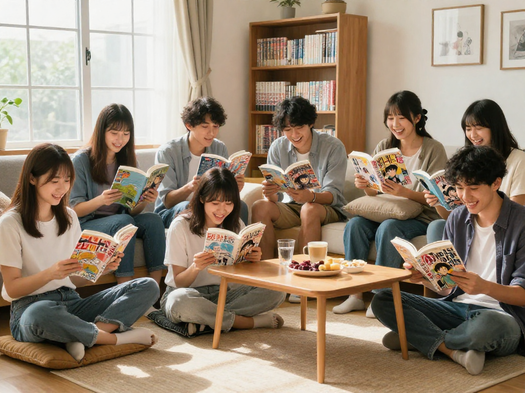 Read Hitomi Manga Raw Online in a cozy gathering, friends sharing laughter and excitement while reading manga together.