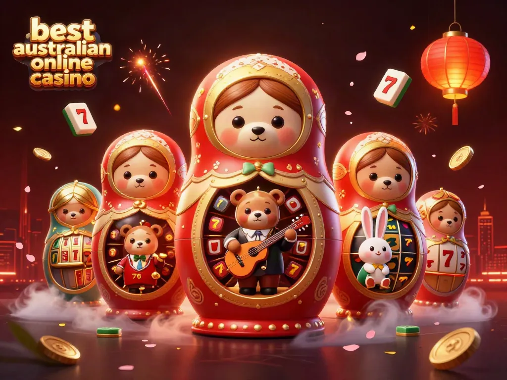 Engage with the best Australian online casino theme in a vibrant 3D scene featuring a Matryoshka bear and game elements.