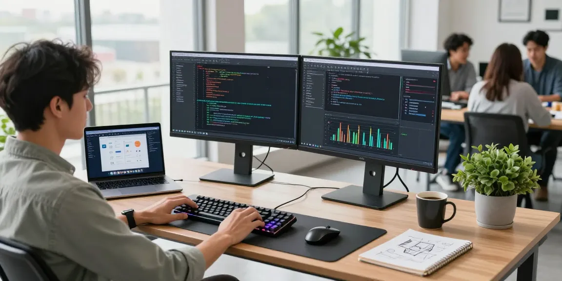 快连 technology workspace featuring software developer coding at a modern desk with dual monitors and collaborative environment.
