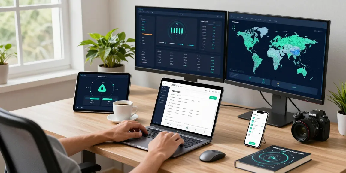 快连 network platform in a modern tech workspace with dual monitors, laptop, and smartphone, showcasing innovative productivity.