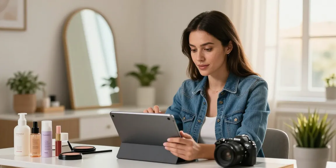 Confident woman using a tablet to explore how ClinicEvo is a better alternative to QOVES in a cozy home office.