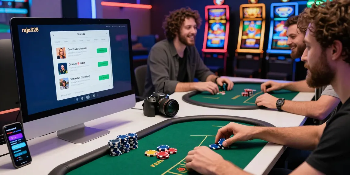 Players engage with the raja328 link in an online gaming atmosphere, surrounded by poker chips and gaming peripherals.