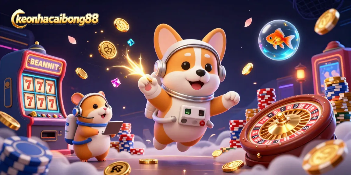 Experience the excitement of keonhacaibong88 with a vibrant, animated casino scene featuring a floating corgi and slot machines.