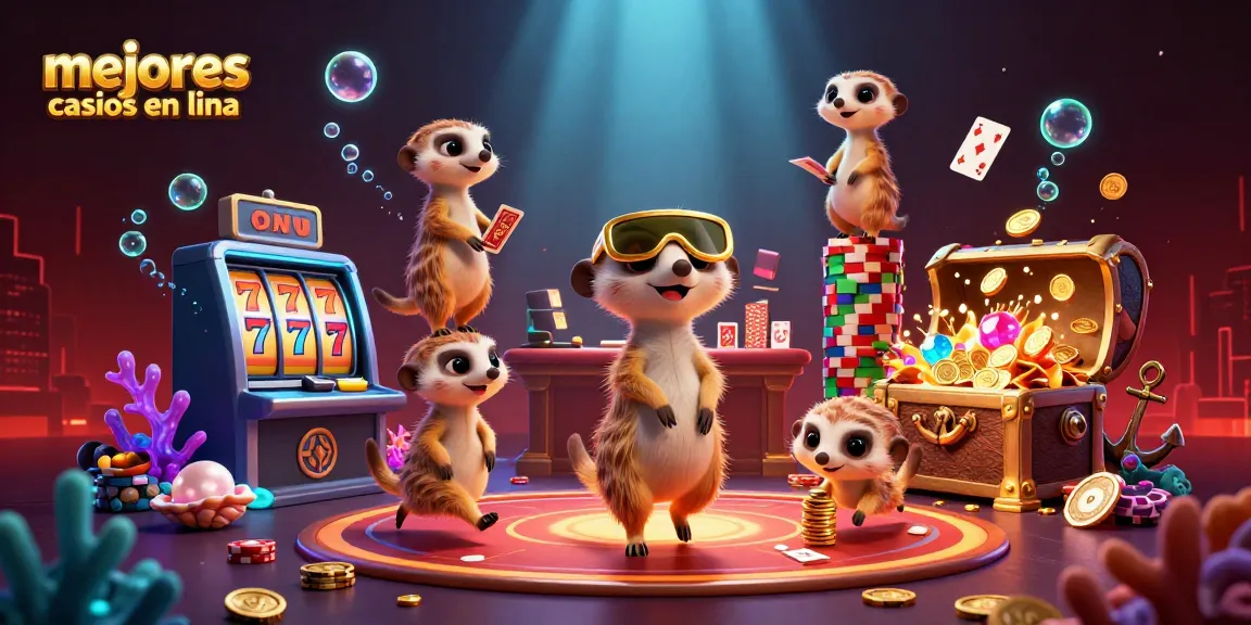 Los mejores casinos en línea presentan una colorida ilustración de un casino de suricatas con emoción y acción.