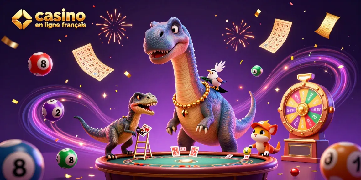 Plongez dans un monde fascinant avec le casino en ligne français, où un dinosaure 3D observant une table de poker et un raptor distribuant des cartes.