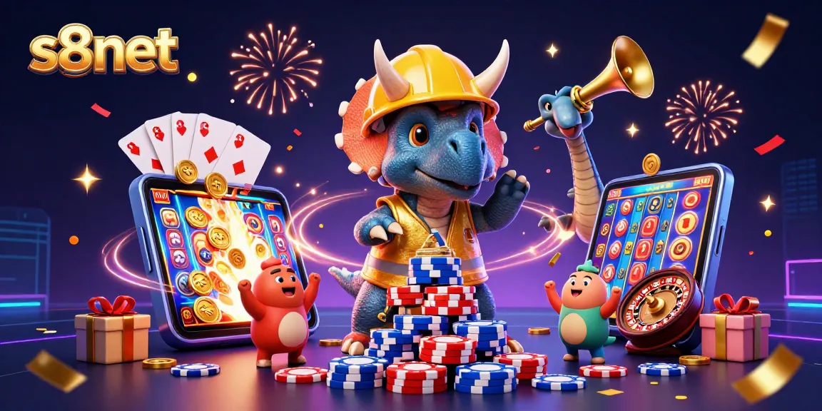 S8net revolutionizes online gaming with exciting visuals, showcasing a triceratops building poker chips amidst vibrant gambling elements.
