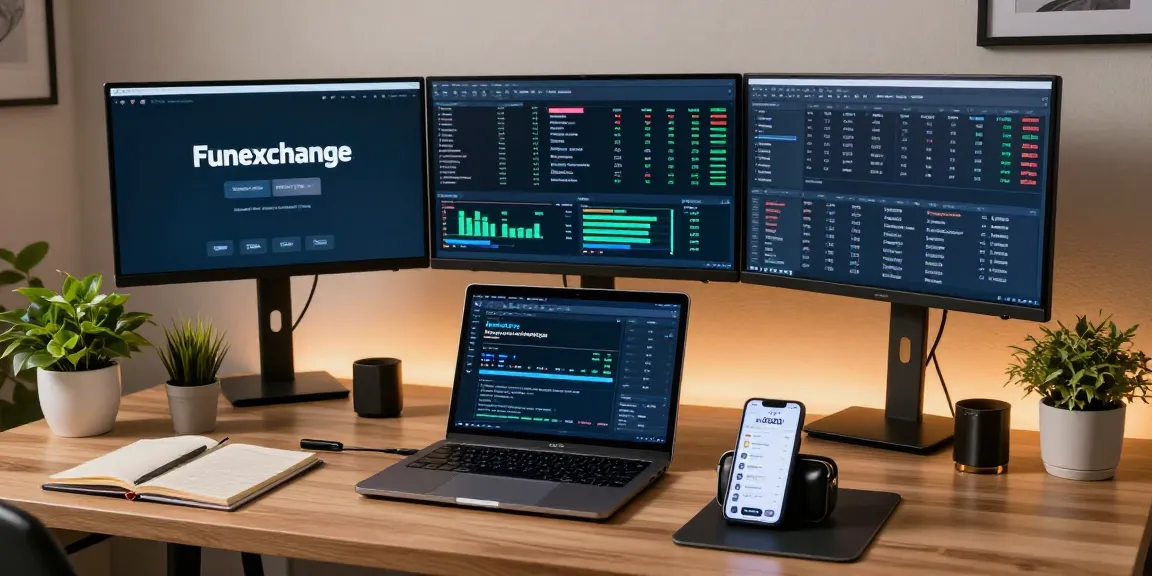 Funexchange platform showcasing cryptocurrency trading and live gaming features on multiple screens in a modern workspace