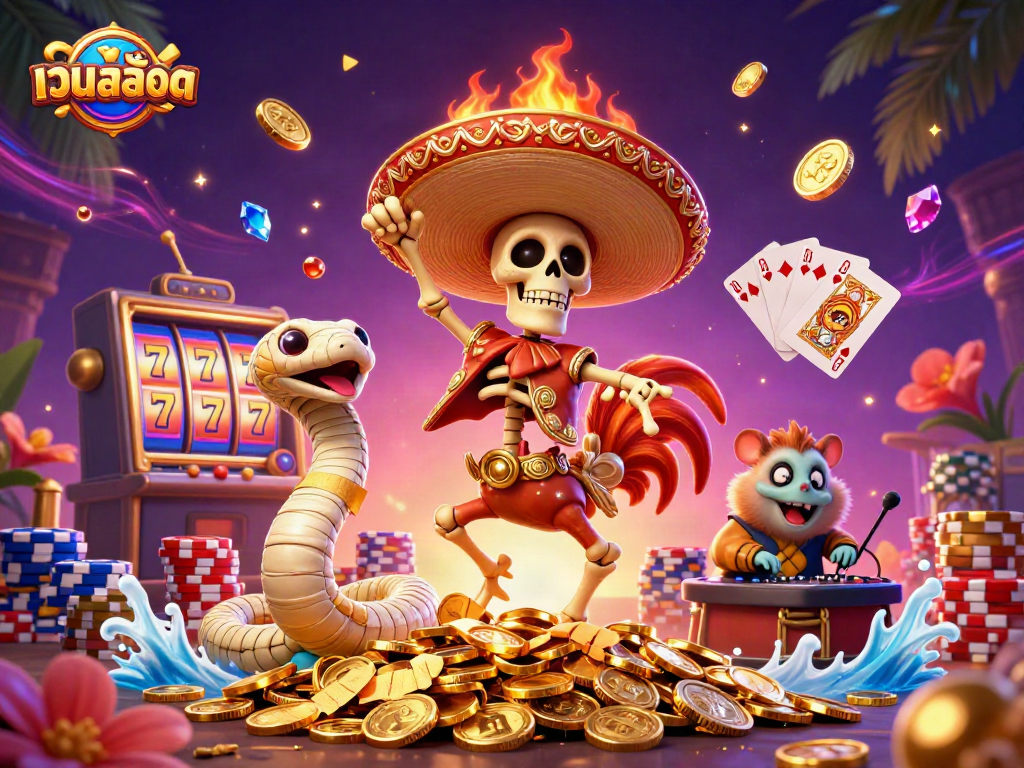 Experience the lively excitement of เว็บสล็อต with a dancing mariachi rooster and vibrant casino elements.