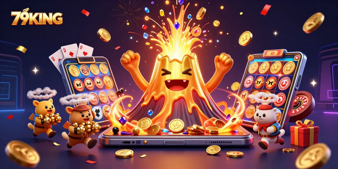 Experience thrilling wins at 79KING with a 3D casino scene full of vibrant slot games and treasures.