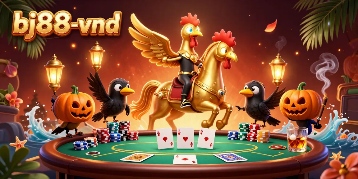 Experience the thrilling gameplay at bj88-vnd with a golden rooster mascot in a vibrant casino setting.