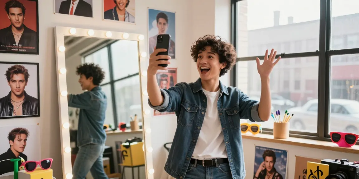 Excited individual taking a selfie for a celebrity look alike search in a vibrant photography studio.