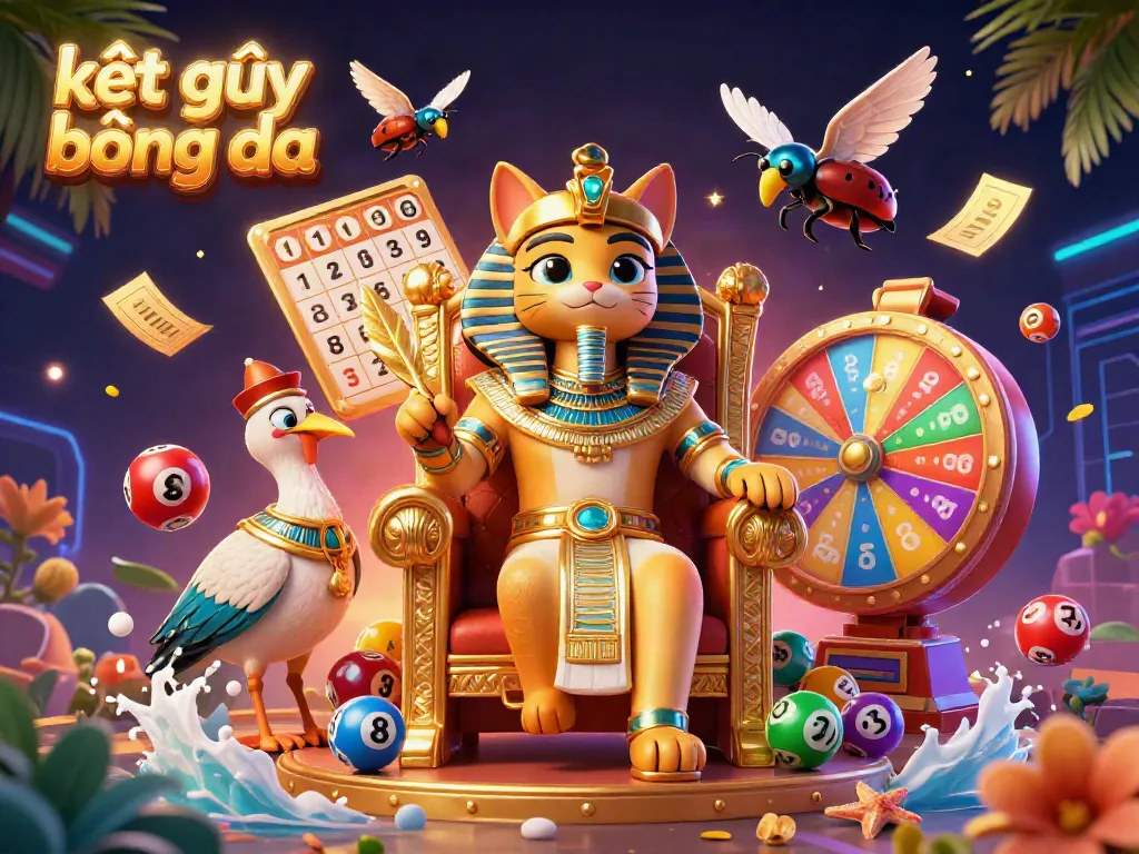 Experience a lively moment of kết quả bóng đá with a pharaoh cat, surrounded by dynamic lottery elements.