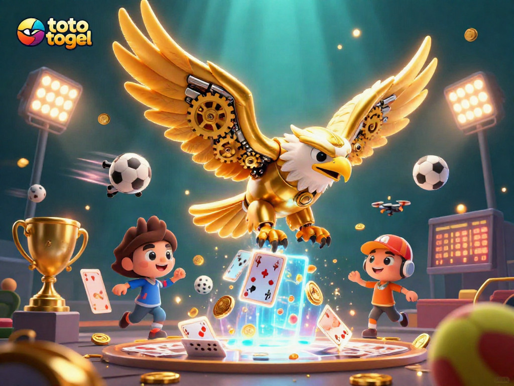 Experience thrilling toto togel action with a dynamic 3D eagle diving through vibrant playing cards.