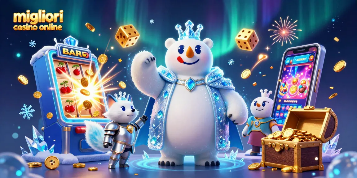 Scopri l'emozione nei migliori casino online con una scena incantevole che include un re orso polare e elementi di gioco fortunati.