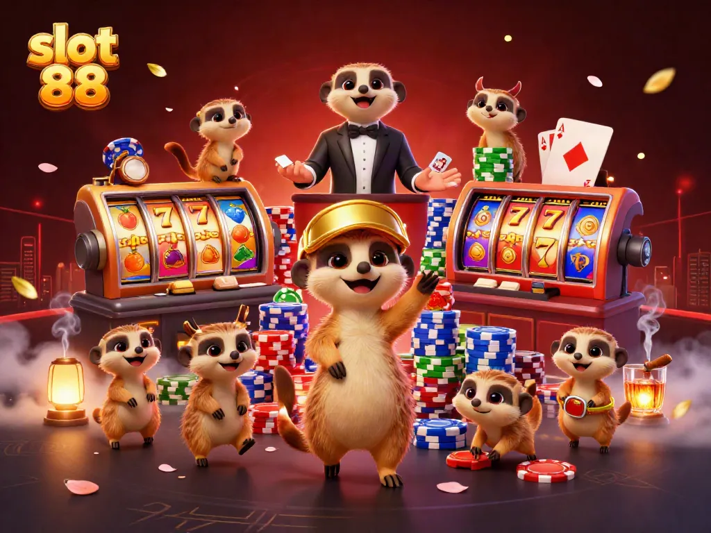 Meerkats playing slot machines in a lively casino scene showcasing slot 88 elements and vibrant visuals.