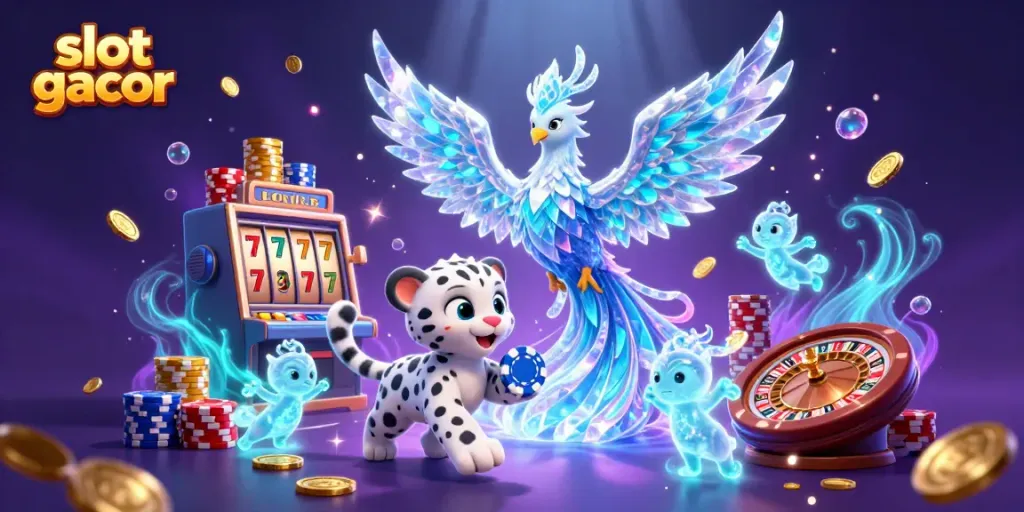 Experience slot gacor fun with an exciting illustration of a phoenix, snow leopard, and ice sprites amidst casino treasures.