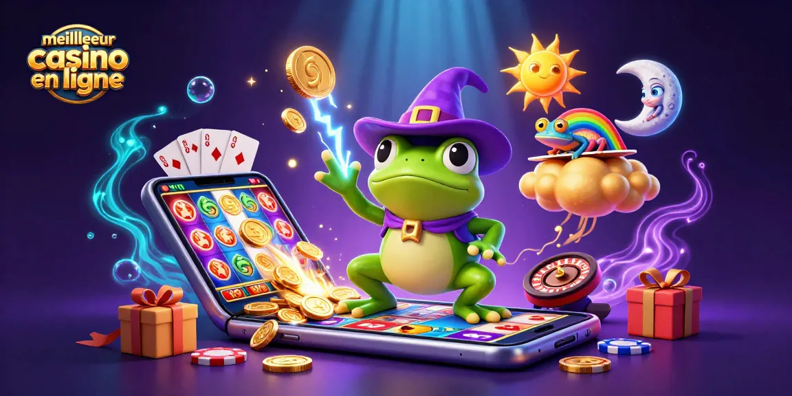 Découvrez le meilleur casino en ligne avec une illustration colorée et ludique du wizard, des pièces d'or et un smartphone affichant un jeu de machines à sous.