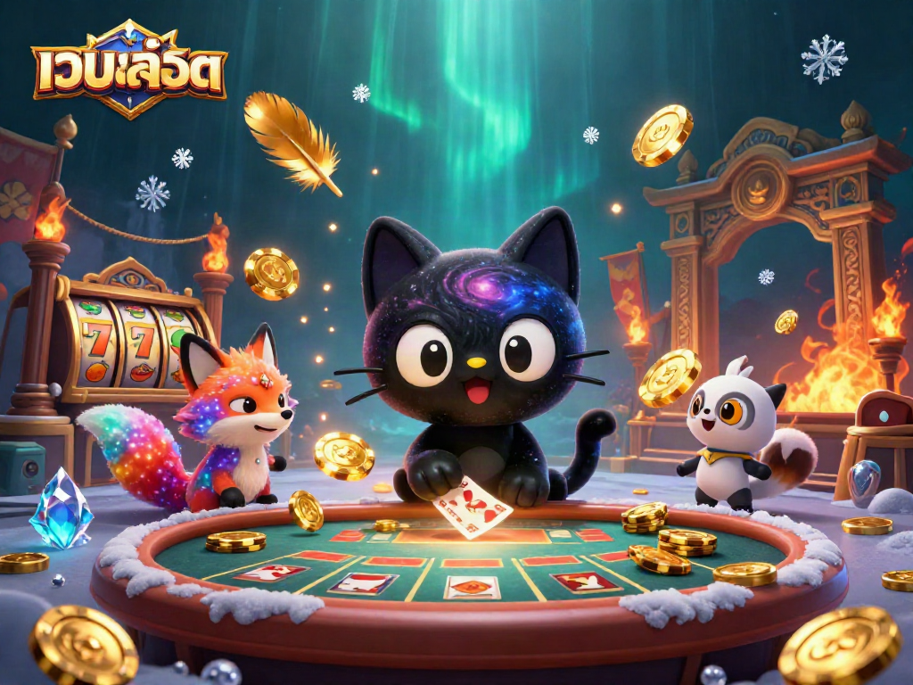 Experience thrilling เว็บสล็อต action with a cosmic cat and fox at a vibrant casino table.