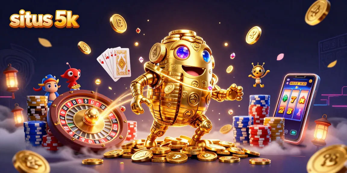 Engage with the vibrant world of situs 5k slot gaming featuring a golden golem amidst dynamic casino elements.